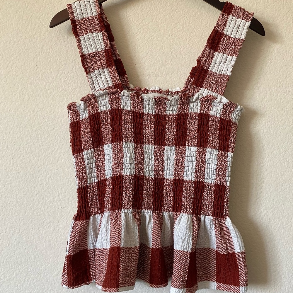 Loft Gingham Smocked Peplum Sleeveless Top